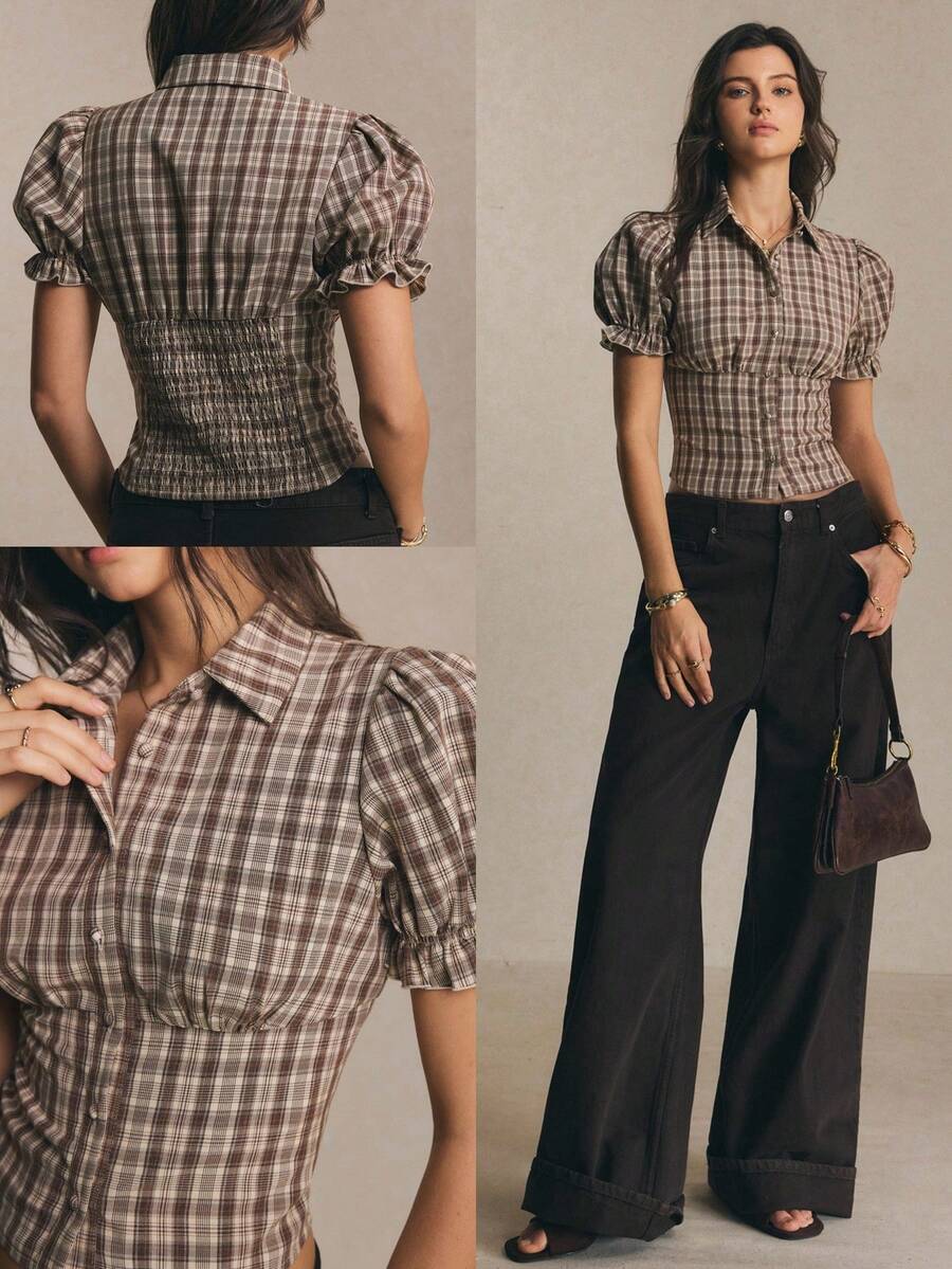 SHEIN x Luisa Sonza Poéselle Áo sơ mi nữ tay ngắn dáng ôm, cài cúc phía trước, họa tiết kẻ caro, thích hợp cho mùa hè.