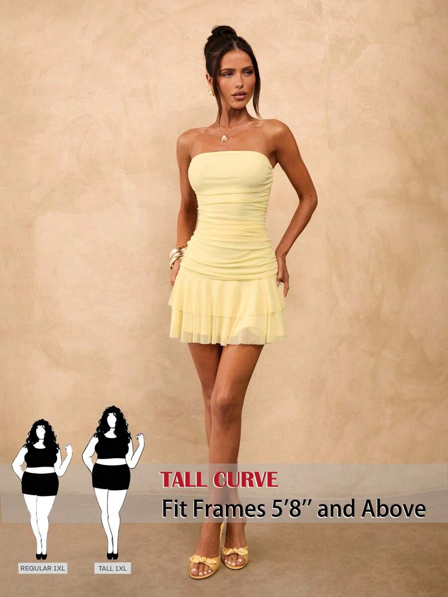 SHEIN Tall CURVE CURVE Plus Size Women's Tall Yellow Summer Elegant Night Out Club Ruched Fitted Tube Dress,High-Waisted Wedding Guest Party Dresses - Light Yellow - View 1