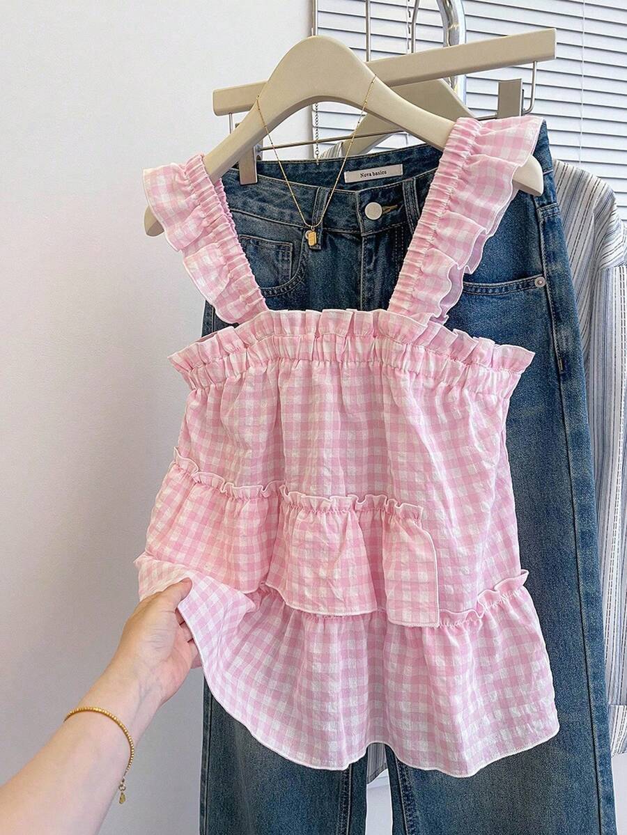 SHEIN 青少年女孩無袖荷葉邊吊帶上衣,優雅休閒百搭,適合度假、日常休閒穿搭及校園穿搭 - 粉色 - 查看 1