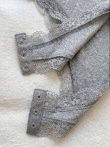 Comfortcana Women's Lace Patchwork Casual Bodysuit, Light Gray - Light Grey - View 6