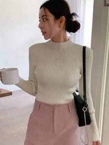 DAZY Mock Neck Ribbed Knit Sweater,Long Sleeve Tops,Fall Clothes - Beige - View 3