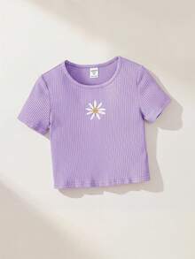 SHEIN 年輕女孩休閒可愛雛菊刺繡短袖t恤 - 紫色 - 查看 5