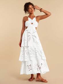 Travachic Solid Color Woven Multi-Layer Ruffle Hem Spaghetti Strap Backless Dress For Women, Spring/Summer Beach White Sexy - White - View 5