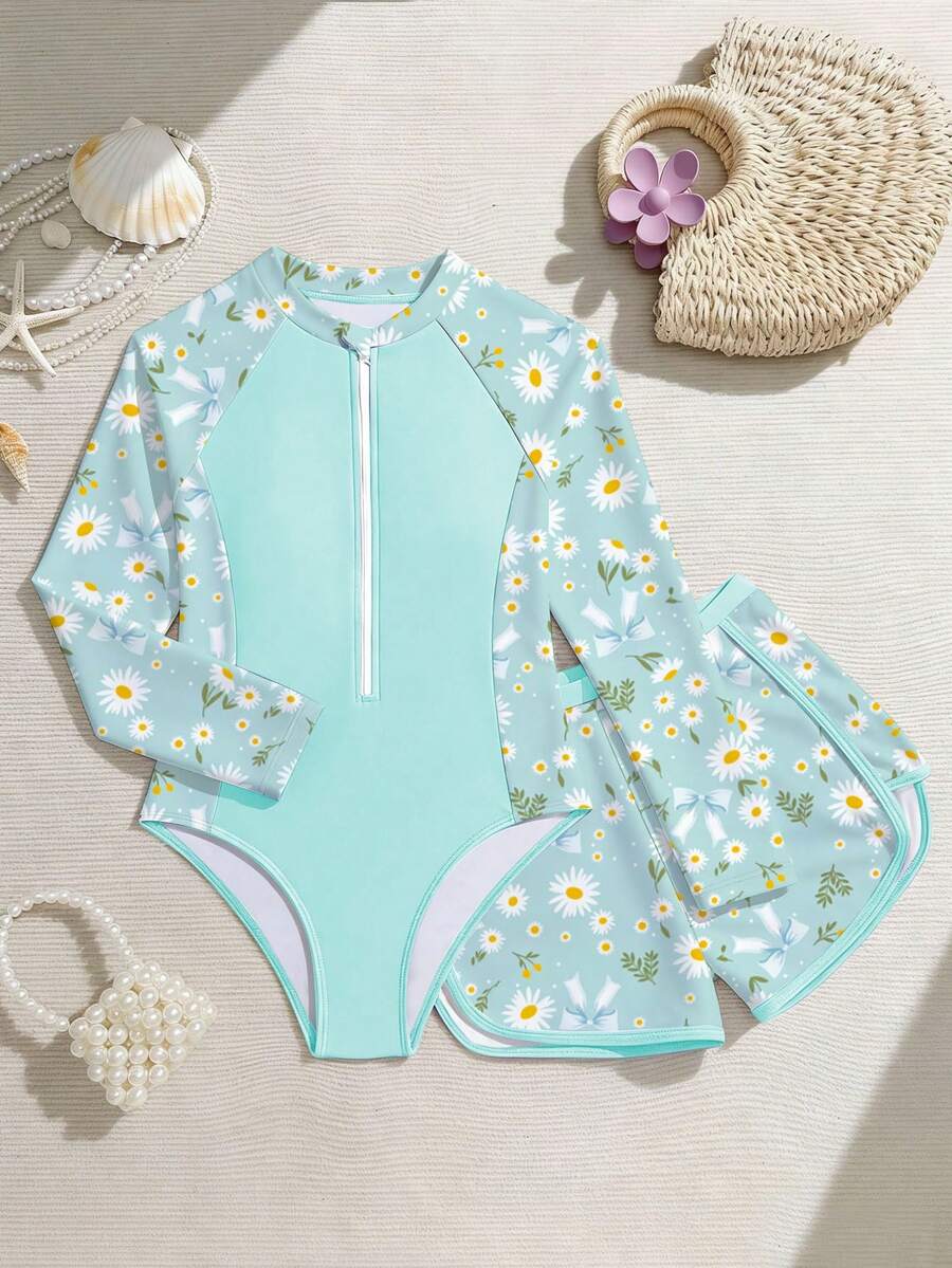 SHEIN Tween Girls Long Sleeve Rash Guard Set,Mint Green,Cute Daisy Print 2pcs Swimwear With Zipper,Modest Bathingsuit For Summer,Holiday,Beach,Pool,Party