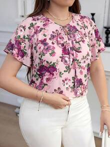 Reflora Plus Size Printed Front Tie Collar Summer Shirt - Pink - View 1