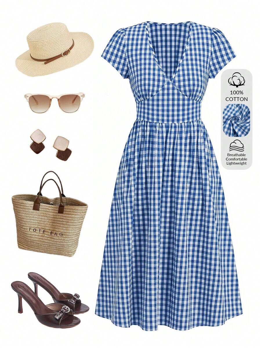 Gownix Vestido feminino xadrez confortável de comprimento midi com bolsos, ideal para o verão. - Azul e branco - Ver 1