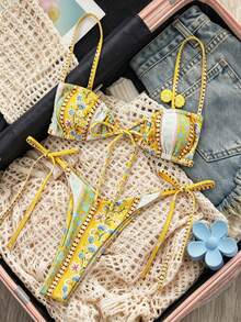 Swim Mod Conjunto De Bikini Con Lazo Lateral De Canalé Floral Y Florecitas De Summer Beach - Multicolor - Ver 4