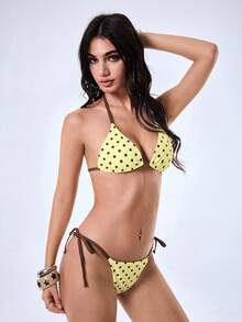 Y2Kool Vecteezy Y2K Sexy Colorblock Polka Dot Yellow Crop Top Bikini Set, Casual Streetwear For Women, Suitable For Spring/Summer Parties Club Vacation, Beach - Yellow - View 5