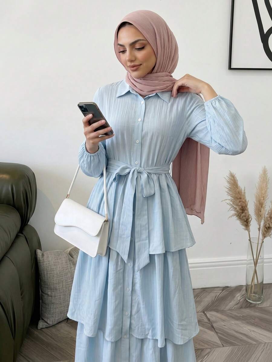 Solavon Women's Casual Daily Solid Color Multi-Layer Ruffle Hem Front Button Shirt Collar Dress