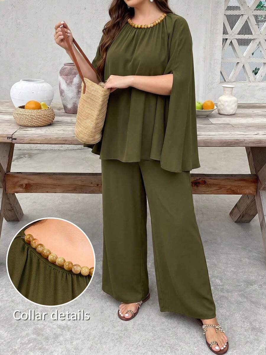 Lacomfia Plus Size Women's Olive Green 2 Pieces Set,Summer Country Tropical Al-Adha Tea Party Beaded Necklace Poncho Top&Loose Long Pants Vacation Outfits - Olive Green - View 1