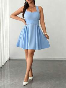 Vestido de mujer talla grande de elegante unicolor, de tela de alta elasticidad, con diseño de tirantes finos, lazo en la cintura, cintura plisada, falda de talla grande, diseño versátil, adecuado para fiesta, festival de música, casual, vacaciones, cita nocturna, Día de San Valentín - Azul - Ver 3