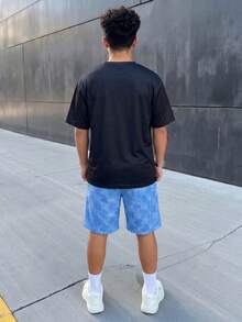 SHEIN Bộ 2 món cho bé trai tuổi teen, áo thun ngắn tay và quần short in hình dễ thương, phong cách đường phố, thích hợp đi làm, đi học, mặc thường ngày, chơi thể thao, mùa xuân/hè. - Màu xanh lam - Xem 2