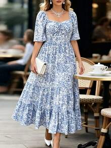 Elenzga Robe d'été élégante en tissu tressé pour femmes grandes tailles, manches courtes, décontractée, idéale pour les vacances à la plage - Bleu et Blanc - Voir 3