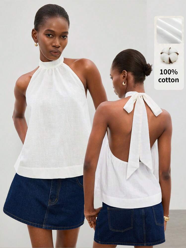 SHEIN Maija Women's White 100% Cotton Lace-Up Backless Halter Top,Elegant Summer Outfits,Vacation Beach Clothes,Brunch Party Festival Country Clothing