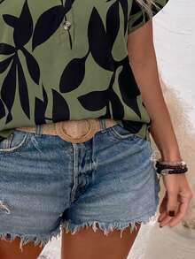Casual Basic V-Neck T-Shirt With Rivet Button Cuff Design, Brown Base With Leaf Print Gym Summer - Multicolor - View 4