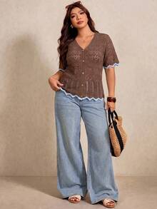 Elaquor Plus Size Women Crochet Hollow Out Button Cardigan - Coffee Brown - View 3