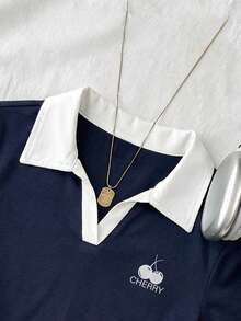 Divinelle Áo thun nữ cổ polo kiểu dáng tối giản, họa tiết thêu hoa anh đào trắng, thích hợp cho mùa xuân và mùa hè. - Nhiều màu - Xem 3