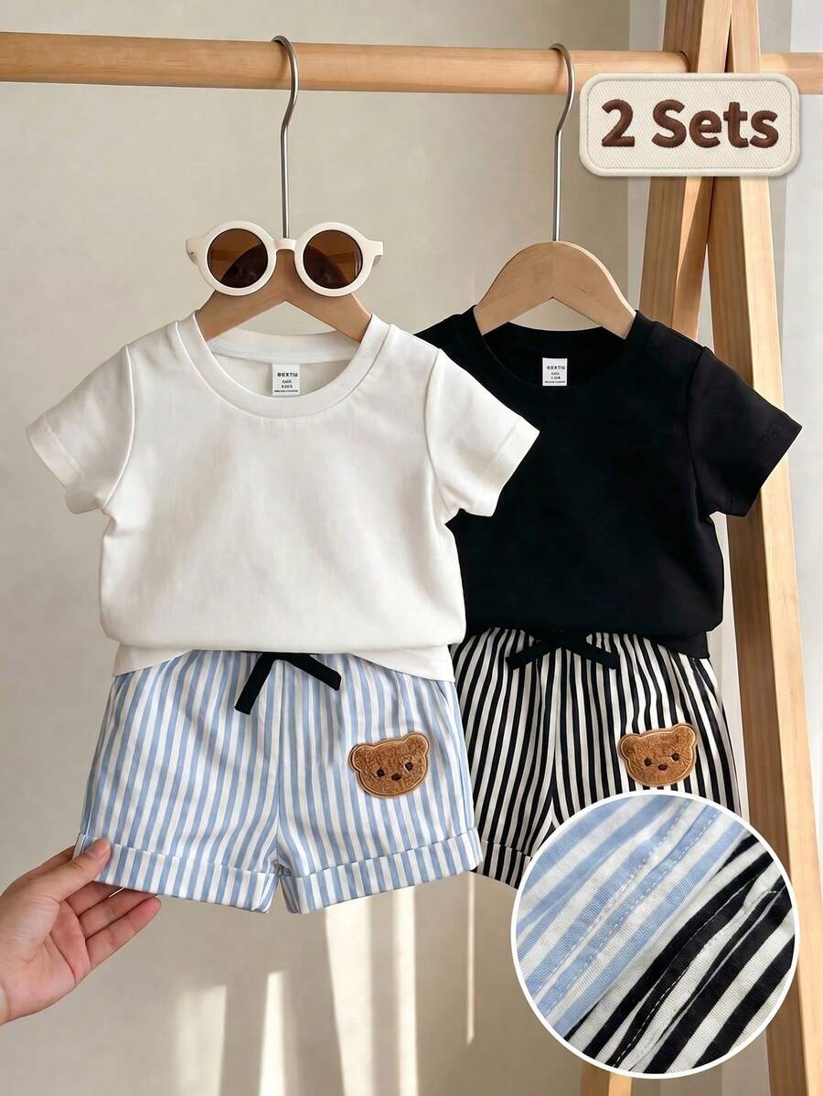 SHEIN Genkimix Kids 兒童 3 套夏季休閒圓領 T 恤短褲套裝 灰色黑色白色 - 彩色 - 查看 1
