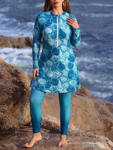 Swim Mulvari Plus Size Women's Shell Print Burkini Swim 2pcs/Set Gradient Color Full Coverage Modest Swimwear,Baby Blue Summer Beach Holiday Outfit Cruise Wear - Multicolor - View 4