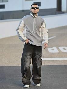 Devon Thys 男士休闲立领长袖夹克，户外防风外套，冬季街头风半拉链立领夹克，配有可调节抽绳下摆，适合户外活动、运动、休闲、上学、聚会、音乐节、Y2K风格防风夹克，秋季必备 - 灰色 - 查看 1