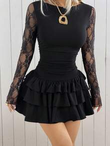 SHEIN EZwear 女士新款秋季黑色蕾丝拼接层叠荷叶边迷你连衣裙 - 黑色 - 查看 9