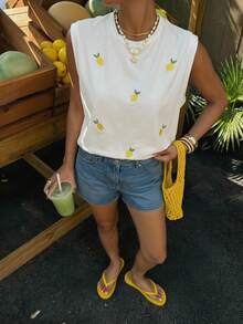 Veykashi Plus Size Summer Casual Round Neck Loose Lemon Embroidered Tank Top - White - View 5