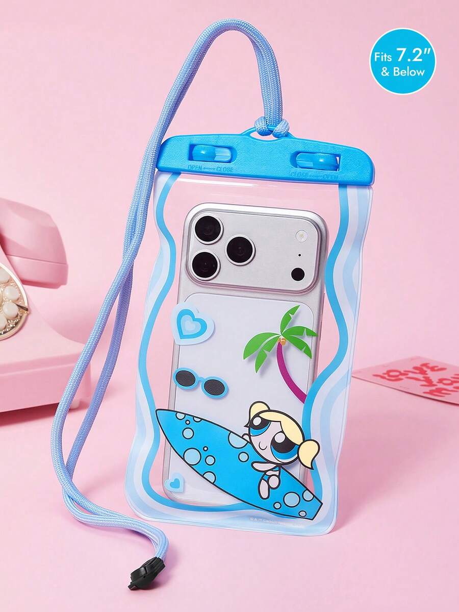 THE POWERPUFF GIRLS X SHEIN 1款卡通图案印花防水触屏透明水上运动手机包,适用于漂流、沙滩、游泳、划船、皮划艇、徒步旅行,可保护手机、相机、现金、护照、文件免受水、沙、雪、灰尘的侵害。图案包括爱心、花朵、泡泡、毛茛花。 - 藍色 - 查看 1