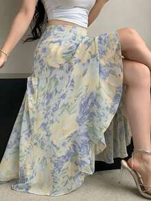 DAZY Chân váy xếp ly bằng vải chiffon in họa tiết thanh lịch dành cho nữ - Màu xanh lam - Xem 3