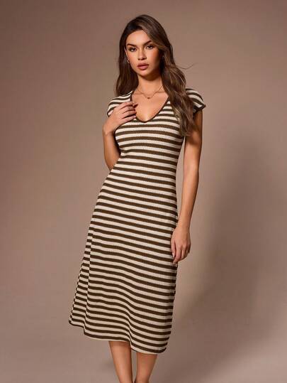 Lazeform Comfortable & Fashionable V-Neck Short Sleeve Striped Dress, Suitable For Casual Wear Or Loungewear, Spring/Summer