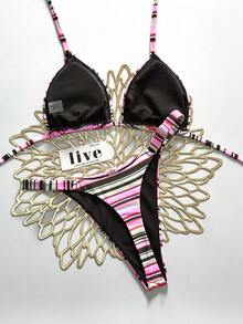 SHEIN Swim 女款兩件式多色條紋隨機印花性感V領掛脖綁帶比基尼套裝，夏季 - 彩色 - 查看 2