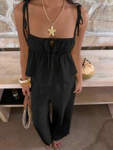 SHEIN EZwear 女士黑色梭织休闲套装 - 黑色 - 查看 4