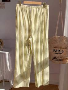 SHEIN Tall CURVE Plus Size Yellow Striped Print Tie-Front Loose Pants - Yellow - View 2
