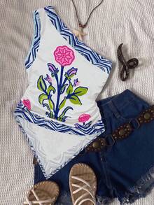 INAWLY Esta blusa de mujer con hombro asimétrico estampada presenta un diseño de patchwork floral y a rayas. Una blusa de estilo bohemio perfecta para primavera y verano, es un regalo ideal para amigos y es perfecta para vacaciones de playa de verano, uso casual y atuendos sencillos. - Multicolor - Ver 2