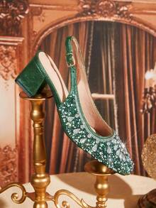 CUCCOO TILAWA Europäischer und amerikanischer Modestil, vollständig mit Diamanten besetzter Riemchenpumps mit dickem Absatz und quadratischer Zehenform, grüne Damenschuhe für Einkaufen, Partys, Bankette, Büro, modische Damenhochschuhe - Grün - Übersicht 6