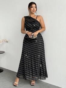 Firerie Đầm maxi dáng ôm không tay, thanh lịch, tối giản, thời trang dành cho nữ cỡ lớn, phù hợp cho công sở, đi làm, lễ hội âm nhạc, du lịch biển, với chi tiết đính sequin xuyên thấu, cổ áo bất đối xứng và xếp ly. - màu đen - Xem 3