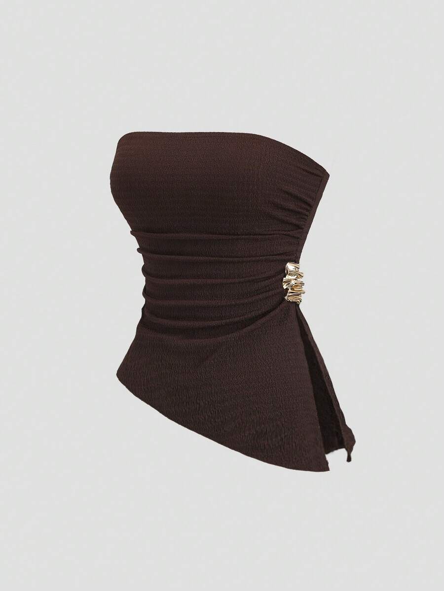Sweetra Top corto sexy de mujer con detalle fruncido y abertura - Marrón - Ver 1