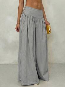 SHEIN Glamour Quần ống rộng cạp thấp xếp ly bằng vải dệt sọc vàng dành cho nữ, quần đi nghỉ dưỡng dành cho nữ, quần dài sọc vàng dành cho nữ. - Đen và trắng - Xem 6