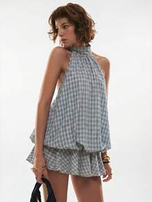 Poéselle Women's Vintage Plaid Halter Backless Mini Dress, Summer,Dresses For Women Summer - Blue - View 5