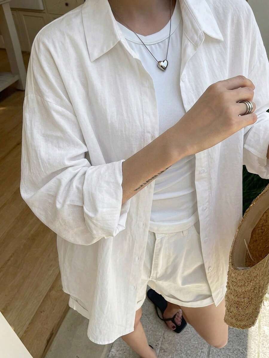 DAZY Áo sơ mi dài tay tối giản màu trơn dành cho nữ, trang phục thường ngày. - trắng - Xem 1