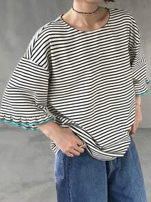 FRIFUL Kaos Wanita Bergaris Longgar Kasual Serbaguna, Musim Semi/Panas - Hitam dan Putih - View 2