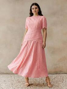 Anewsta Quality Elegant Floral Trim Round Neck Waist Cinched Short Sleeve Plus Size Women Dress - Pink - View 1