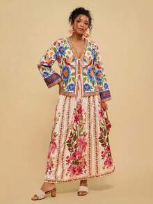 Travachic Plus Size Summer Floral Print Front Tie Loose Shirt - Multicolor - View 5