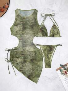 Swim Vcay 女款夏季海灘紮染掛脖性感比基尼兩件式泳衣套裝，附罩衫洋裝（隨機印花） - 綠色 - 查看 3