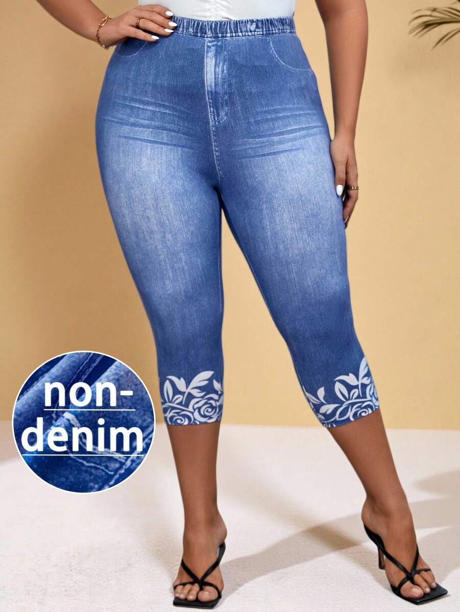 BrightlyHer Plus Denim-Effect & Floral Print Summer Outfits Leggings,Spring