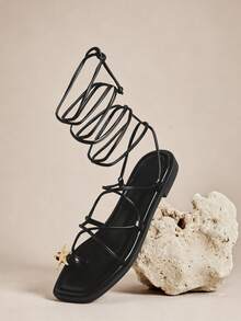 SHUZIA Women's Casual Flat Lace-Up Sandals - Black - View 7