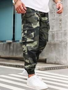 Manfinity Roughcore Plus Size Men Camouflage Print Cargo Pants With Pockets And Cuffed Hem - Multicolor - View 5