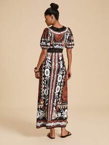 Travachic Abito lungo vintage da donna con scollo a V, maniche a petalo, pizzo e patchwork, adatto per l'estate - Multicolore - Visualizzare 5
