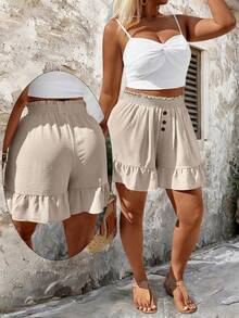 SHEIN EMERY ROSE CURVE Plus Size Women's Simple Casual Solid Color Ruffle Hem Shorts - Khaki - View 5