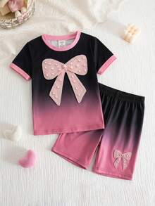SHEIN 2件套 女童针织可爱图案圆领修身T恤和短裤睡衣套装 - 彩色 - 查看 6