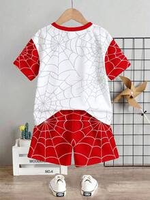 SHEIN Young Boy Casual Round Neck Short Sleeve Summer Fashion Printed Minimalist T-Shirt Set - Multicolor - View 3